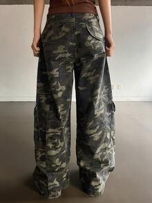 DAZY Pantaloni cargo larghi in stile casual da donna con lavaggio mimetico e tasche grandi, jeans in stile di strada Y2K - Verde militare - Visualizzare 5