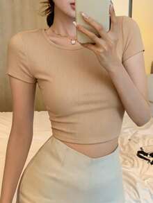DAZY Women's Summer Backless Tie-Up Bow Sexy Casual Short Sleeve T-Shirt - Apricot - View 2