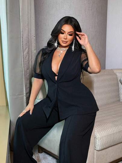 NU&NOW Bộ vest cỡ lớn màu đen ôm dáng gồm áo blazer và quần ống rộng, thích hợp mặc đi làm hoặc đi làm.