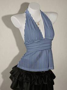 SHEIN ICON Halter Deep V-Neck Cinched Waist A-Line Backless Camisole - Navy Blue - View 5