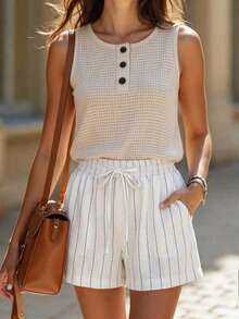 EMERY ROSE Fashionable Casual French Style Knit Button Decor Vest And Striped Pocket Drawstring Shorts 2-Piece Set For Women - White - View 1