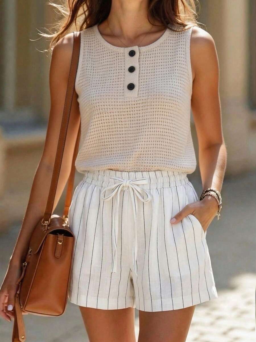 EMERY ROSE Fashionable Casual French Style Knit Button Decor Vest And Striped Pocket Drawstring Shorts 2-Piece Set For Women - White - View 1