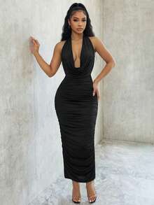 Eryvara Fitted Sexy Halter Draped Backless Solid Color Dress, Elegant And Fashionable - Black - View 3