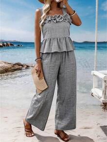 SHEIN LUNE Fashionable Casual Spring/Summer Retro Elegant Commuting Black & White Plaid Hollow Flower 2 Pieces Set - Black and White - View 3