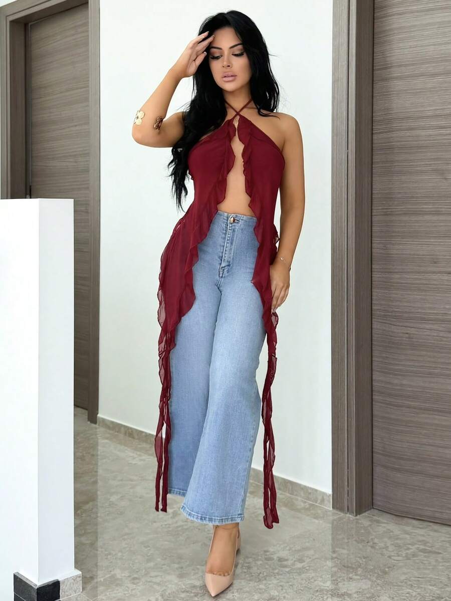 Vassilux Women's Sexy Halter Neck Chiffon Blouse,Sexy Tops - Burgundy - View 1