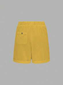 SHEIN LUNE CURVE Plus Size Washed Cotton Cinched Waist Backpocket Button Decor Cropped Women Shorts - Yellow - View 2
