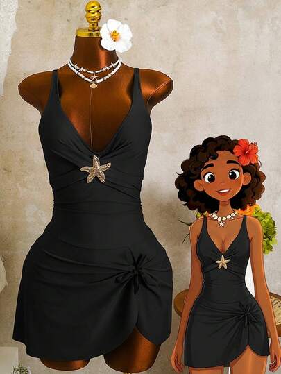 Zestiva Women's Solid Color Wide Strap Buckle Starfish Decor Elegant Swimsuit Skirt, Suitable For Spring, Summer And Autumn Beach Vacation Women Vacation Outfit Sets Dress Women's Summer Dress Black Dress