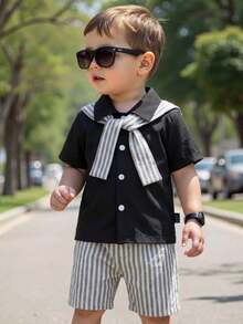 Souflis Souflis 3件套男婴幼儿新生儿0-3岁春夏休闲绅士度假风短袖衬衫、蓝白条纹短裤、可拆卸披肩三件套 - 黑與白 - 查看 9
