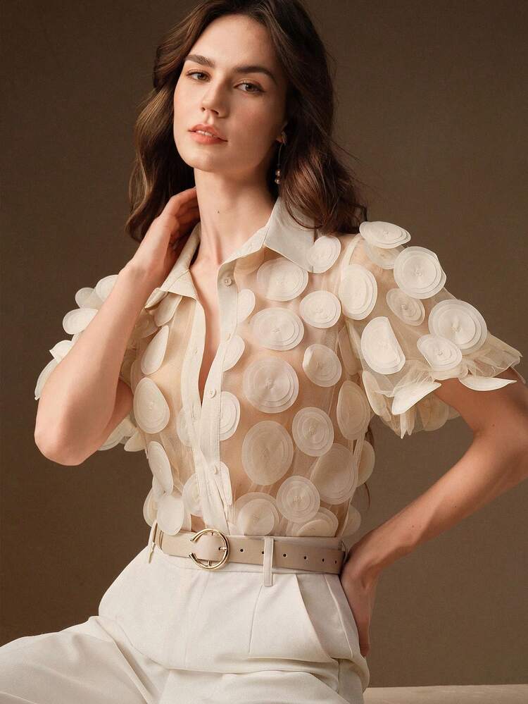 Blusa de gasa con flores 3D en estilo retro francés elegante en color albaricoque, versátil blusa de mujer con mangas de farol caladas y elegante, camisa de manga corta