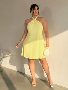 Firerie Robe d'été élégante de grande taille, couleur unie, style dos nu avec col montant - Jaune citron - Voir 5