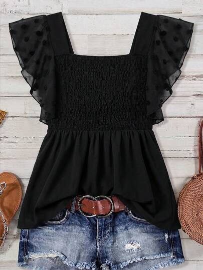 SHEIN CURVE+ Damen Große Größen Bluse mit quadratischem Kragen und Puffärmeln, figurbetonter Lässig Stil