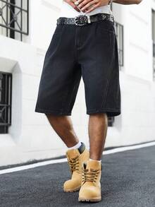 Manfinity EMRG 男士街头时尚奢华通勤折叠设计黑色牛仔短裤 - 黑色 - 查看 6