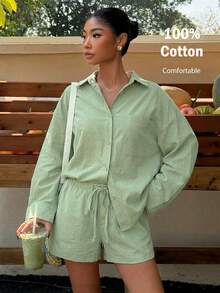 Muchica Women's Summer New Casual Vacation Green Woven Shirt & Shorts Set - Green - View 1