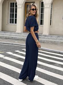 Serisse Batwing Sleeve Crop Top & Drawstring Waist Pants Textured Fabric Two Pieces - Navy Blue - View 2