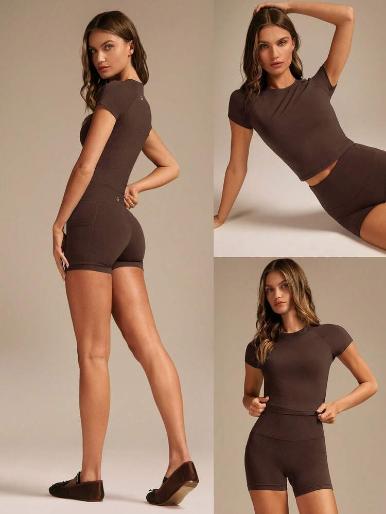 2 Pieces Glow More Lightweight Ultra-Soft Stretchy Slim Fit Crewneck & 4.3" FeatherFit™ Buttery-Soft Sweat-Wicking Tummy Control Biker Shorts Low Impact Set Yoga Pilates Studio Gym Training Daily Active Wear