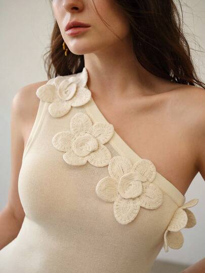 MOTF PREMIUM SPRING & SUMMER 3D FLORAL DECOR ASYMMETRICAL NECK SPLIT HEM FITTED SWEATER DRESS