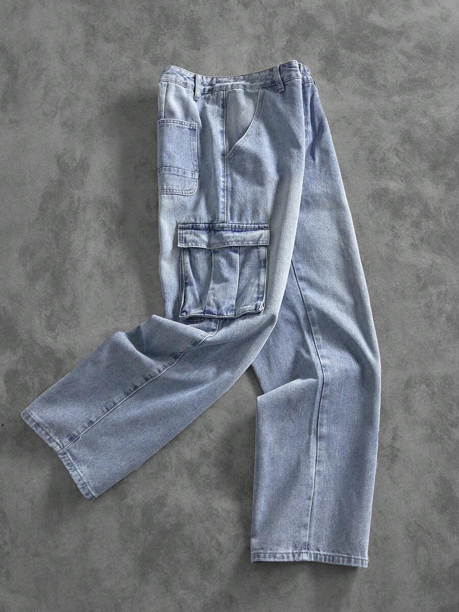 Manfinity Homme 男士休闲宽松口袋牛仔裤 - 淺色水洗藍 - 查看 1