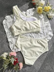 Swim Chiccia 优雅高腰白色泳衣单肩荷叶边比基尼套装花朵装饰沙滩泳装女士泳衣两件套女士夏季套装两件套单肩比基尼高腰比基尼 - 杏色 - 查看 9