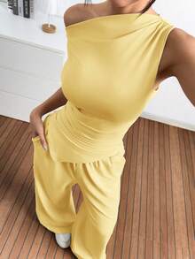 SHEIN EZwear 女士新款纯色针织上衣和裤子两件套 - 鵝黃色 - 查看 3
