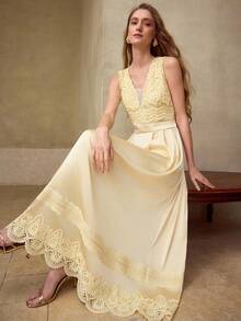 MOTF PREMIUM GAUN PANJANG SATIN BERKILAU MODEL A-LINE RENDA ELEGAN ROMANTIS UNTUK WANITA - Kuning - View 1