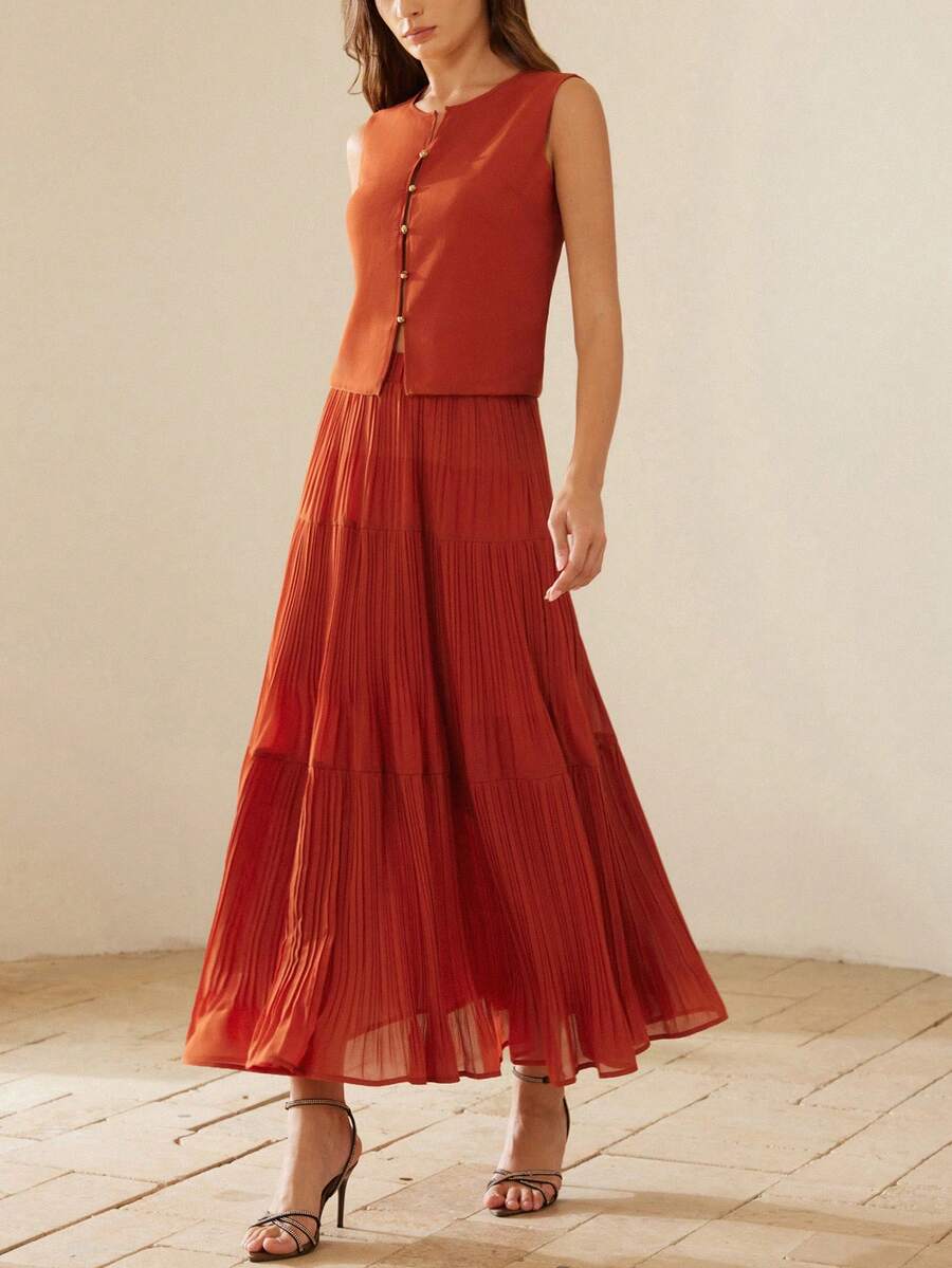 Aveloria Rosie Bộ đồ 2 mảnh thanh lịch kiểu Pháp gồm áo vest không tay bằng vải chiffon với khóa kim loại và chân váy xếp ly cạp cao, thích hợp cho kỳ nghỉ. - Đỏ - Xem 1