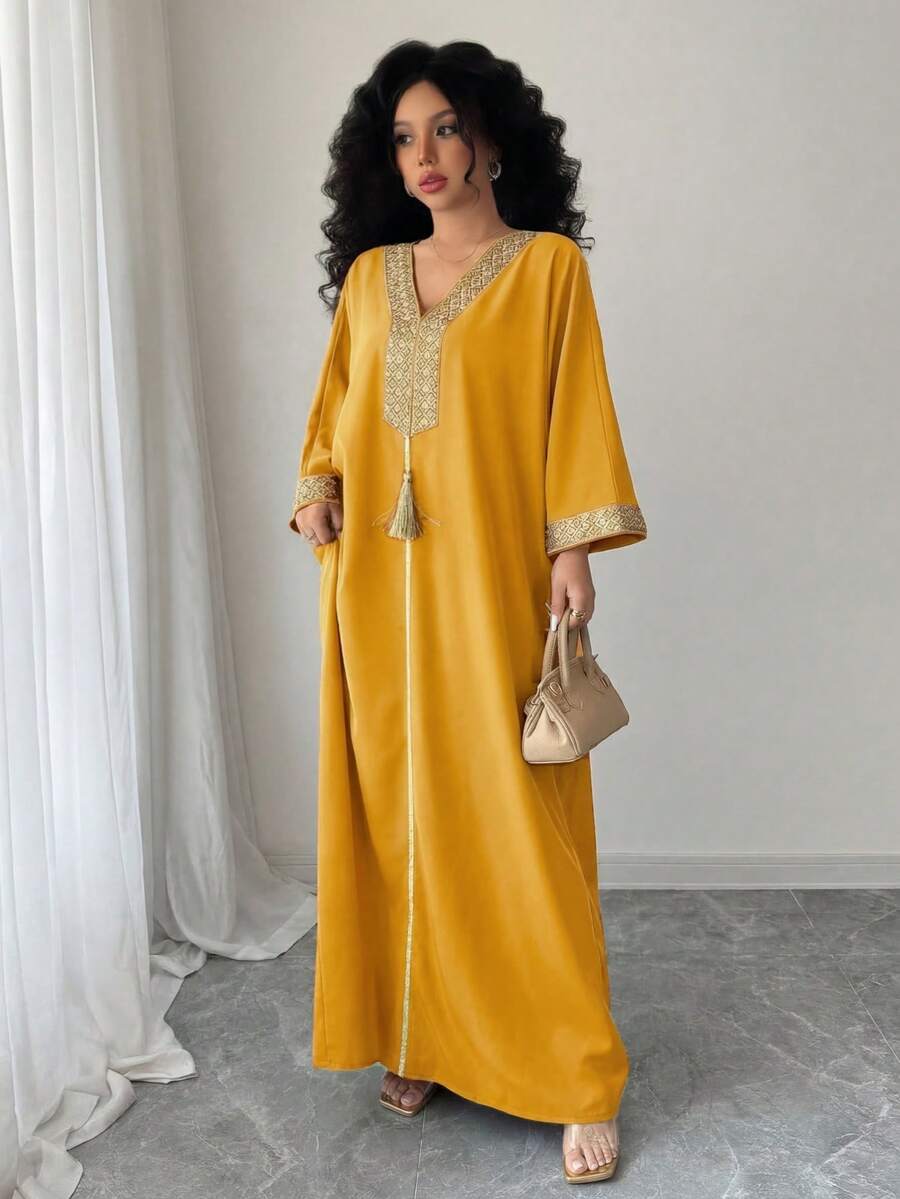Rafferiza 女士中东风格金色编织饰边流苏吊坠长袍 - 黃色 - 查看 1