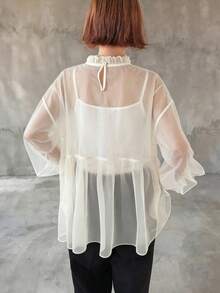 FRIFUL Áo kiểu nữ màu xám trơn, chất liệu vải lưới mỏng, dáng rộng, thoải mái, đa năng. - Màu be - Xem 2