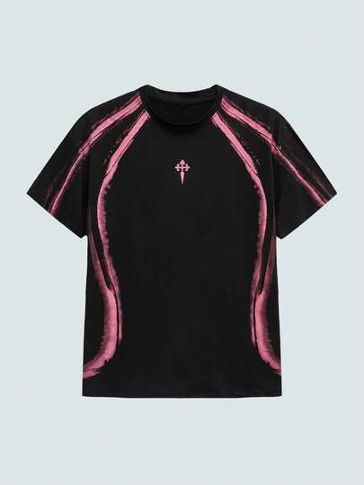 Modcrash Manfinity Streetrush 男士撞色印花圆领短袖T恤，Y2K风格，黑色，适合万圣节、万圣节派对、街头服饰