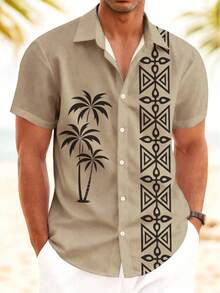 Manfinity RSRT 男士休闲椰树印花单排扣短袖衬衫，度假百搭 - 彩色 - 查看 6