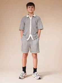 SUMWON Boys Crochet Stripe Button-Up Shirt And Matching Shorts Casual Summer Co-Ord Set With Collar And Short Sleeves - Black - View 6