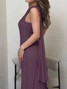Jemour Robe maxi moulante asymétrique élégante et romantique pour femmes, style élégant et sexy pour le travail. Convient pour les fêtes, les vacances à la plage, la rentrée scolaire, les rendez-vous romantiques, la saison des mariages, les anniversaires, Pâques, les tenues de printemps/été - Mauve - Voir 3