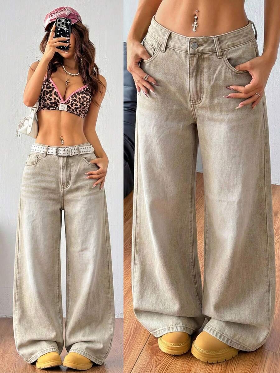 Coolane Damen Vintage Loose Fit Baggy Jeans mit Taschen - Khaki - Übersicht 1