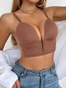 SHEIN 1pc Women Deep V-Neck Backless Bra - Brown - View 8