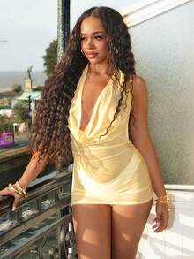 BamGleam 女士新款垂褶领口透视性感沙滩罩衫 - 黃色 - 查看 3