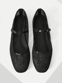 MOTF WOMEN ELEGANT VERSATILE COMMUTING VELVET FLORAL EMBROIDERY BUCKLE STRAP FLATS FOR CHRISTMAS SPRING SHOES - Graphite Black - View 8