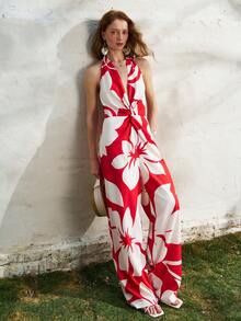 INAWLY Women's Casual Elegant Vacation Red Floral Print Twist Back Jumpsuit - Rose Red - View 4