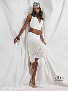 MUSERA Deep V Plunge Cowl Cross Over Cinched Waist Halterneck With Seam Detail Flowy Draped Midi Skirt Coord Sold As Set Cute Holiday Sexy Night Out Vacation Spring Summer Elegant Soleil Drape - White - View 1