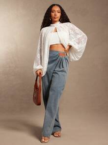 Vixey Blusa de mangas globo con abertura en el bajo y detalles de encaje transparente - Blanco - Ver 3