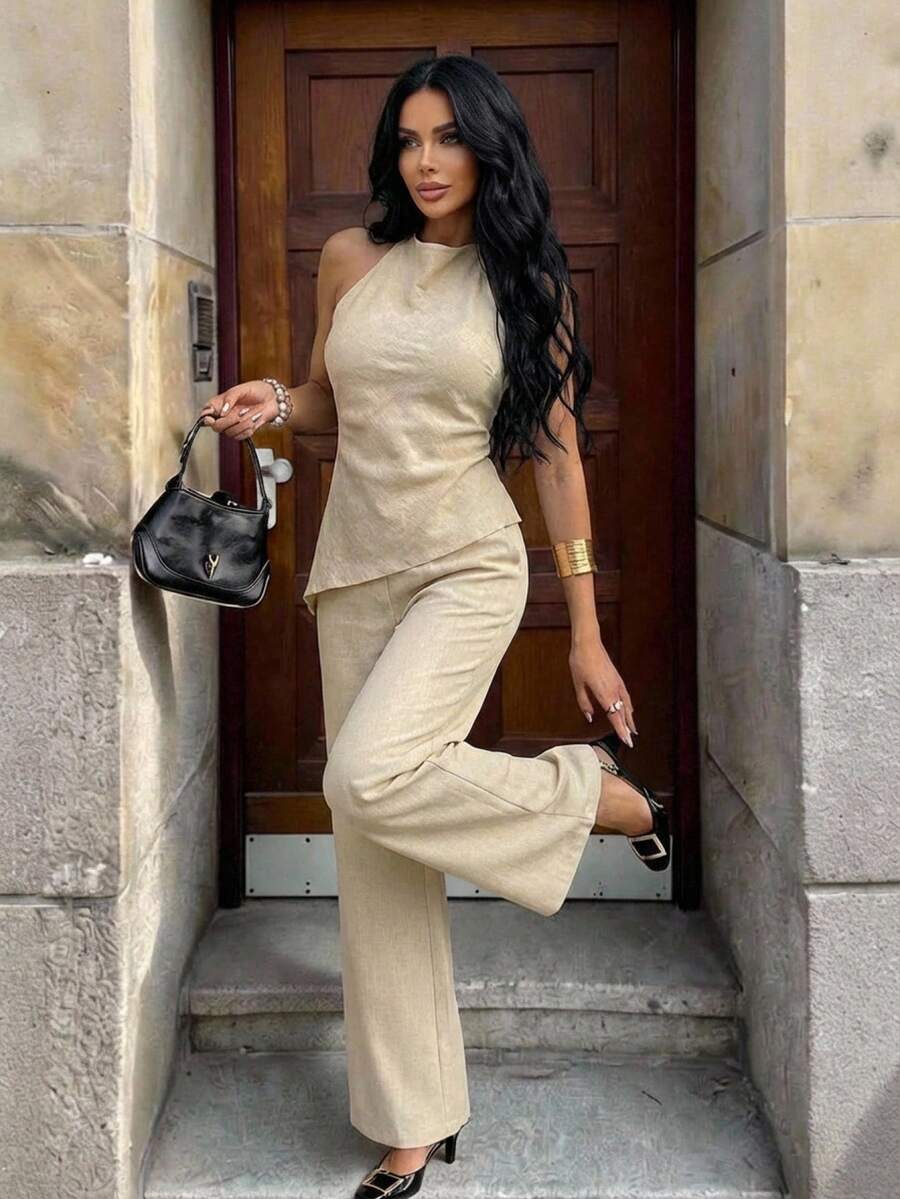 Aloruh 夏季休闲露背吊带上衣+长裤套装 - 卡其色 - 查看 1