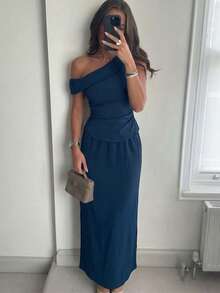 Aloruh 全新时尚通勤不对称不对称肩领褶饰短袖上衣和 A 字开衩下摆半身裙两件套下午茶套装 - 棕色 - 查看 10