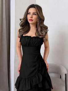 Jemour Apricot Vintage Ruffled Hem Women's Dress, Casual Outfit For Early Autumn - Black - View 6