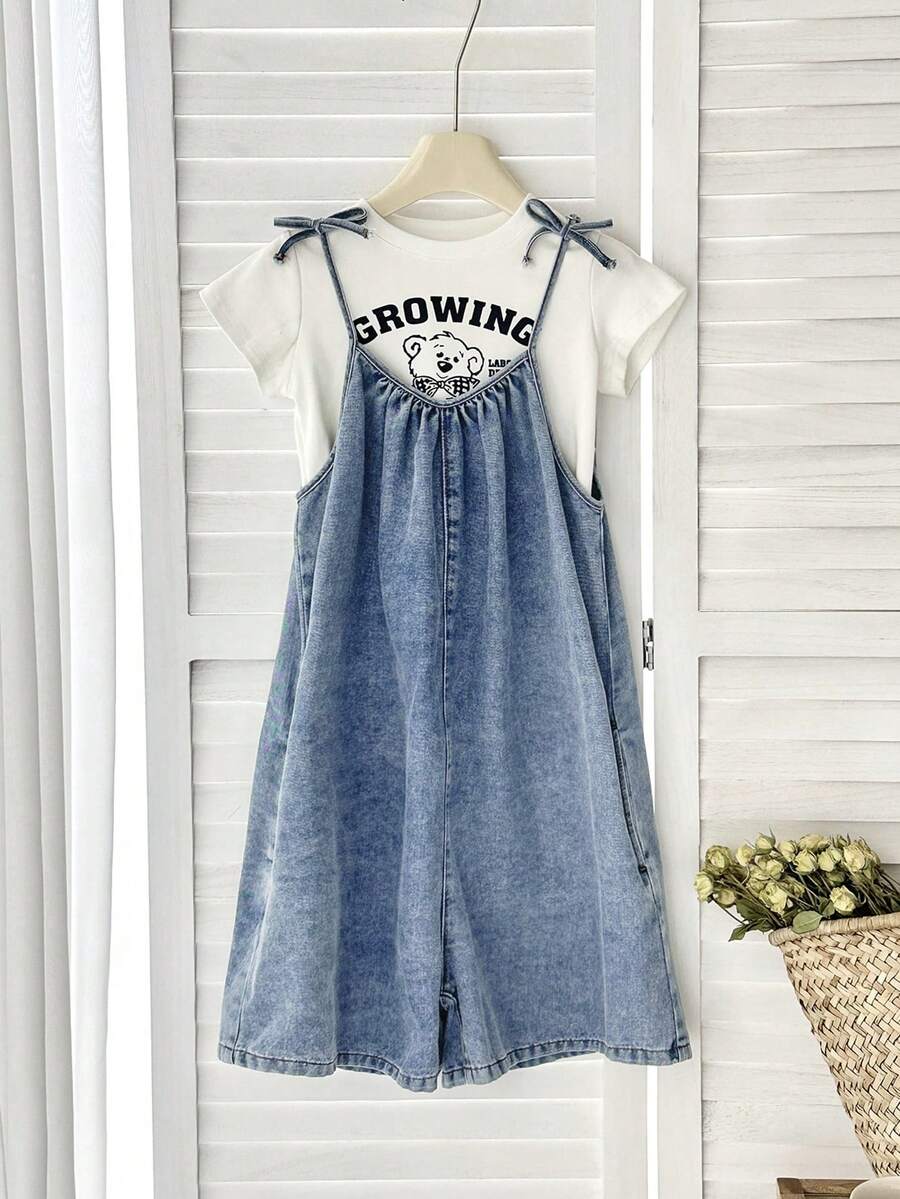 SHEIN Tween Girl Solid Color Knotted Casual Jumpsuit - Medium Wash - View 1