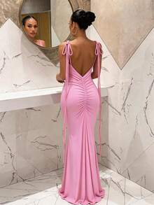 Slaydiva Spring/Summer Fashion: Birthday Party Attire, School Season, Preppy Style, Student Wear, Casual Outings, Basic Versatile, Casual Vacation, Central Travel, Beach, Sunbathing, Backless Mini Dress, Wedding Season, Spaghetti Strap Fitted Mermaid Long Dress - A - Baby Pink - View 3