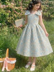 Girls' Woven Textured Jacquard Dress With Bow Waist Design, Elegant And Suitable For Various Occasions In Spring And Summer - Blue - View 4