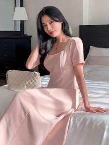 DAZY 女士方领修身中长连衣裙 - 淺粉色 - 查看 5
