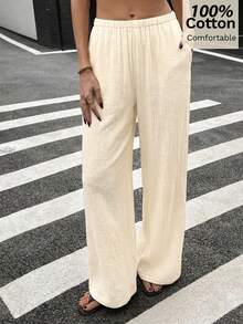 Siren Gaze 女士休闲直筒棉质长裤，春夏百搭 - 杏色 - 查看 8