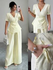 Elenzga 女士浅黄色波浪纹理V领系带短袖衬衫搭配直筒裤两件套，优雅精致，适合情人节、复活节、劳动节、生日、约会、派对、正式场合、教师装、旅行、街头风、春夏穿着。 - 淡黃色 - 查看 1