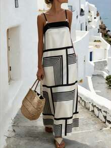 Breezaya 女士春夏假日休闲串珠吊带连衣裙，黑白撞色条纹宽松版型 - 黑與白 - 查看 1