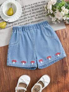 SHEIN Playful Pals Young Girl' Loose Denim Shorts, Comfortable & Versatile For Summer, Embroidered Mushroom Design, Elastic Waistband, Light Blue Denim Fabric, Suitable For Daily, Travel, Party - Blue - View 1