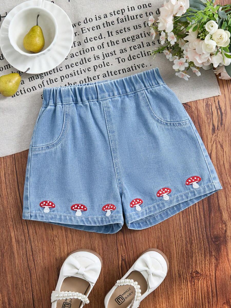 SHEIN Playful Pals Young Girl' Loose Denim Shorts, Comfortable & Versatile For Summer, Embroidered Mushroom Design, Elastic Waistband, Light Blue Denim Fabric, Suitable For Daily, Travel, Party - Blue - View 1